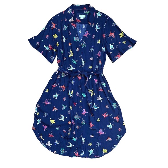 Maeve Anthropologie Navy Butterfly Print Button Tie Waist Midi Shirt Dress Large - Picture 4 of 11